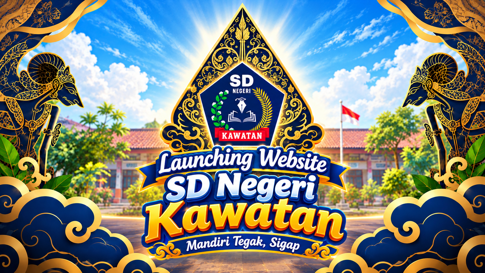 Tampilan pembuka SD Negeri Kawatan dengan logo sekolah, gunungan wayang, siswa, dan ornamen emas biru