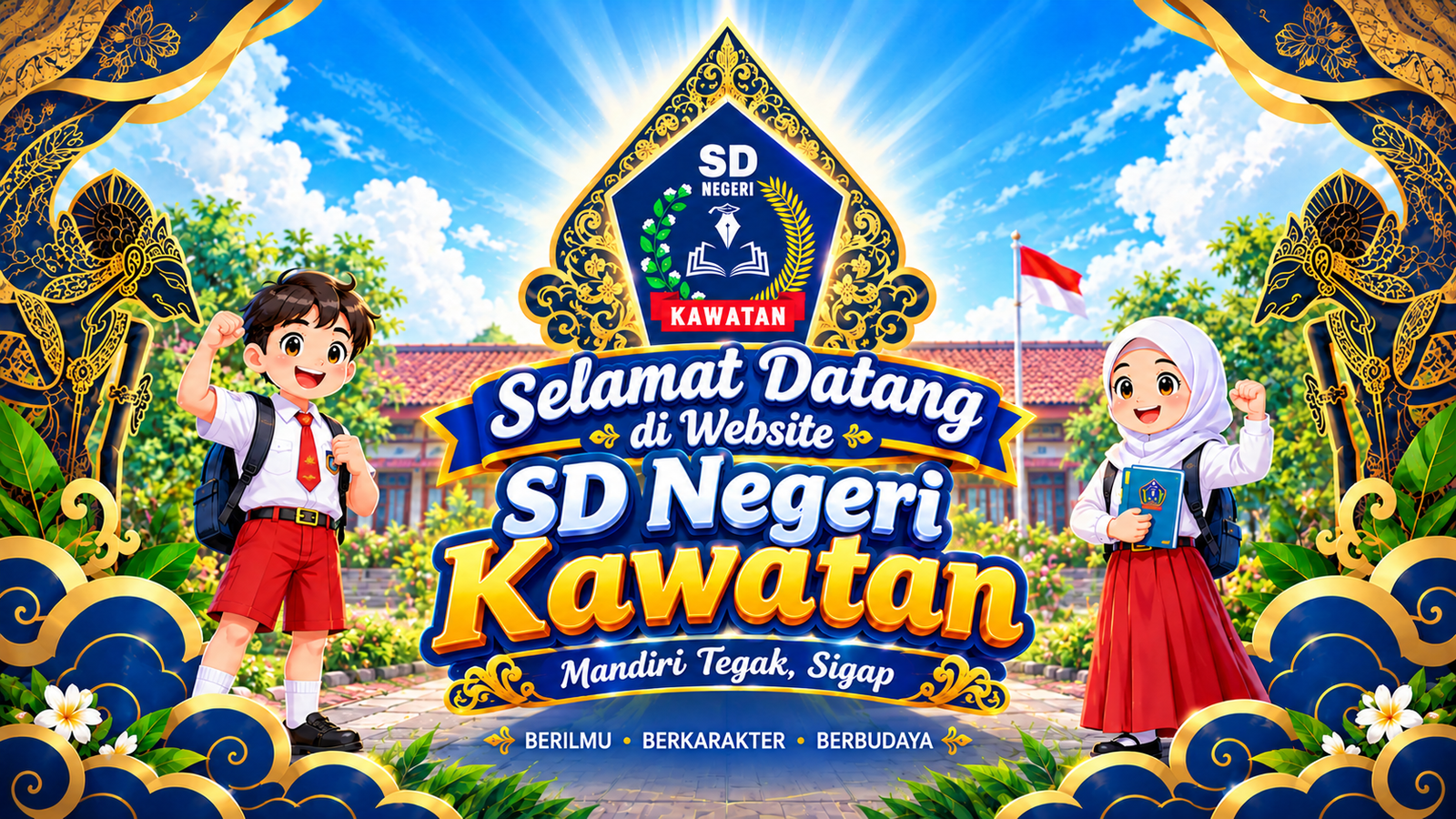 Selamat datang di website SD Negeri Kawatan dengan ilustrasi siswa dan ornamen wayang emas biru
